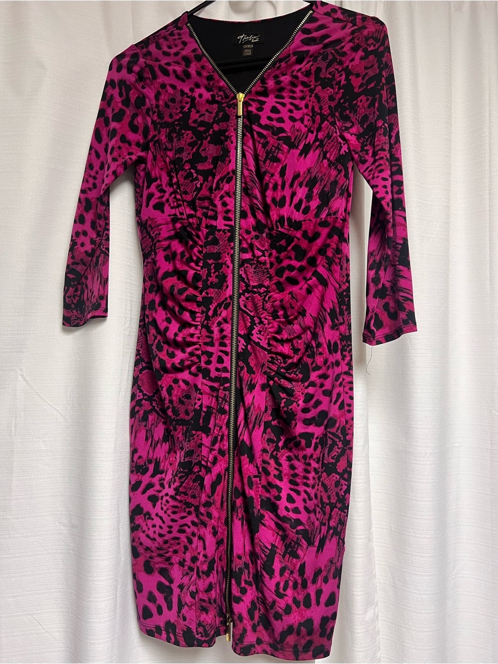 Thalia Sodi Magenta and Black Animal-Print Zip-Front Midi Dress